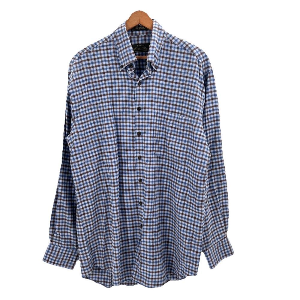 Orvis Brown Blue Check Cotton Flannel Long Sleeve Button Down Shirt Mens Large